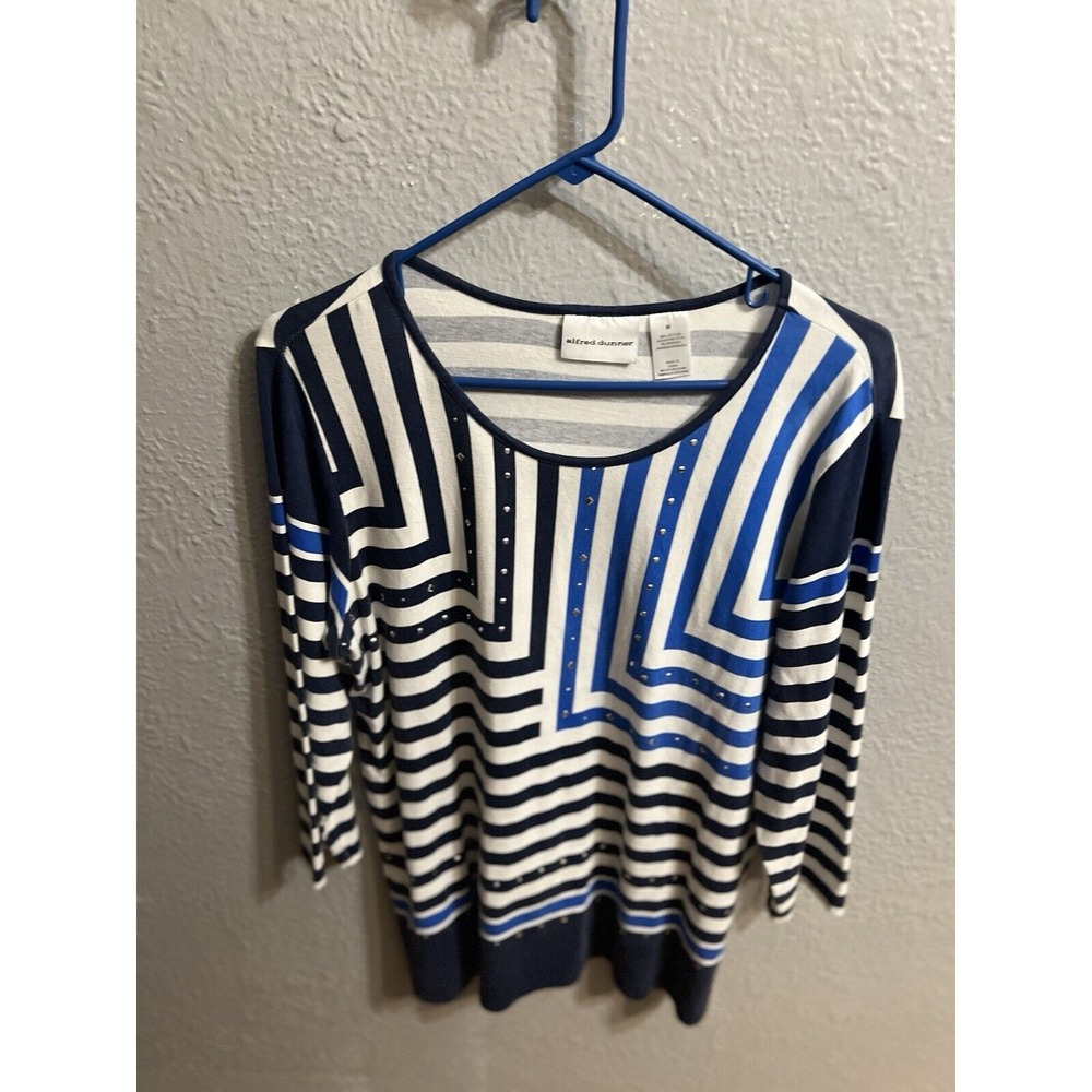 Alfred Dunner Womens Blue & White Striped Top Size Medium
